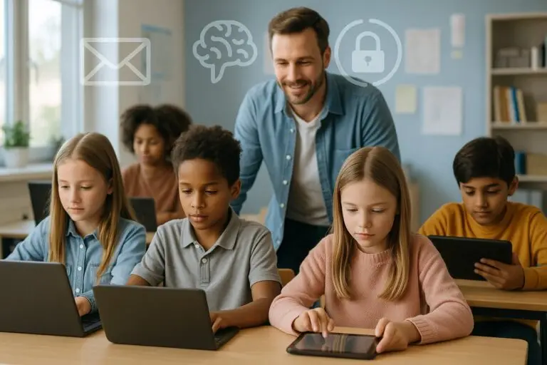 Basisschoolleerlingen werken op laptops en tablets terwijl hun leerkracht digitale geletterdheid, digitale vaardigheden, mediawijsheid en ICT in het basisonderwijs – essentiële 21e‑eeuwse vaardigheden – begeleidt