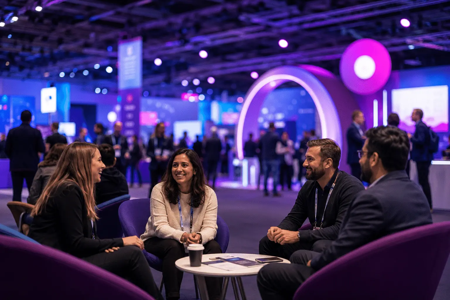 Onderwijsprofessionals in gesprek op de beursvloer van de BETT Show in Londen