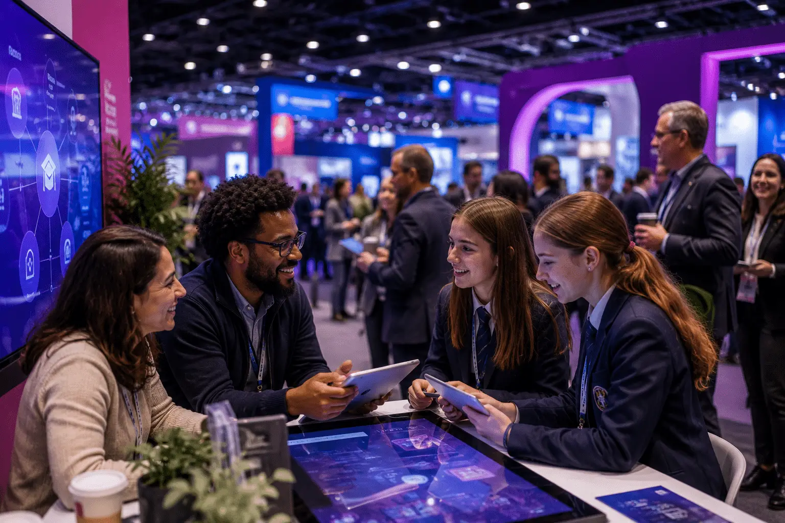 Leerlingen en onderwijsprofessionals bij een interactief scherm op de BETT Show in Londen