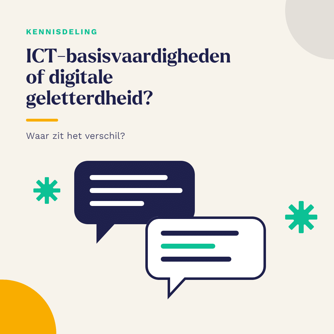 ICT-basisvaardigheden en digitale geletterdheid naast elkaar gelegd: twee termen voor overlappende dingen, weergegeven als twee spraakwolken