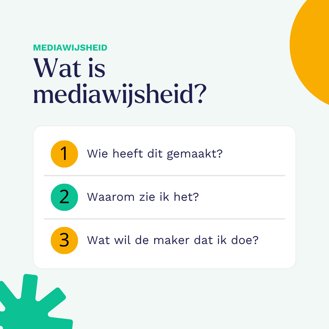Wat is mediawijsheid: de drie vragen bij elk bericht. Wie heeft dit gemaakt, waarom zie ik het, en wat wil de maker dat ik doe?