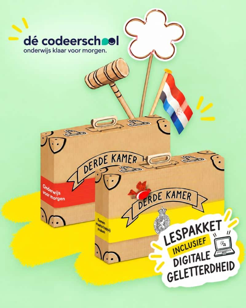 Lespakketten van de Derde Kamer met een voorzittershamer en Nederlandse vlag, met de sticker: lespakket inclusief digitale geletterdheid