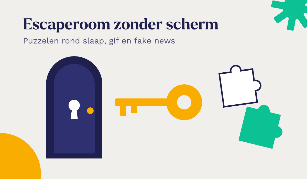 Deur met sleutelgat, een sleutel en twee puzzelstukjes bij de escaperoom In de waan van de wetenschap