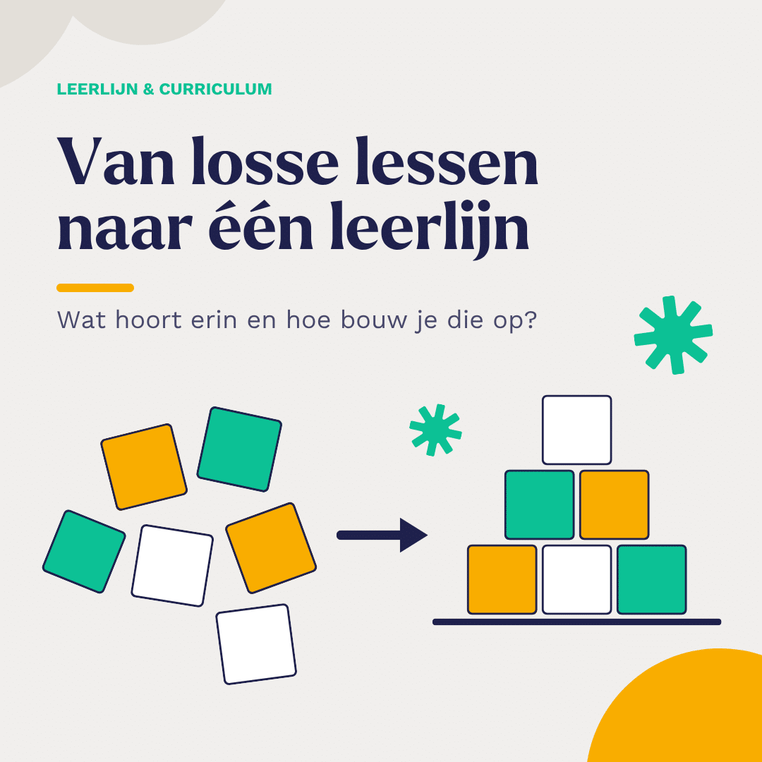 Losse gekleurde blokken die worden opgebouwd tot een piramide, bij de kop “Van losse lessen naar één leerlijn”.