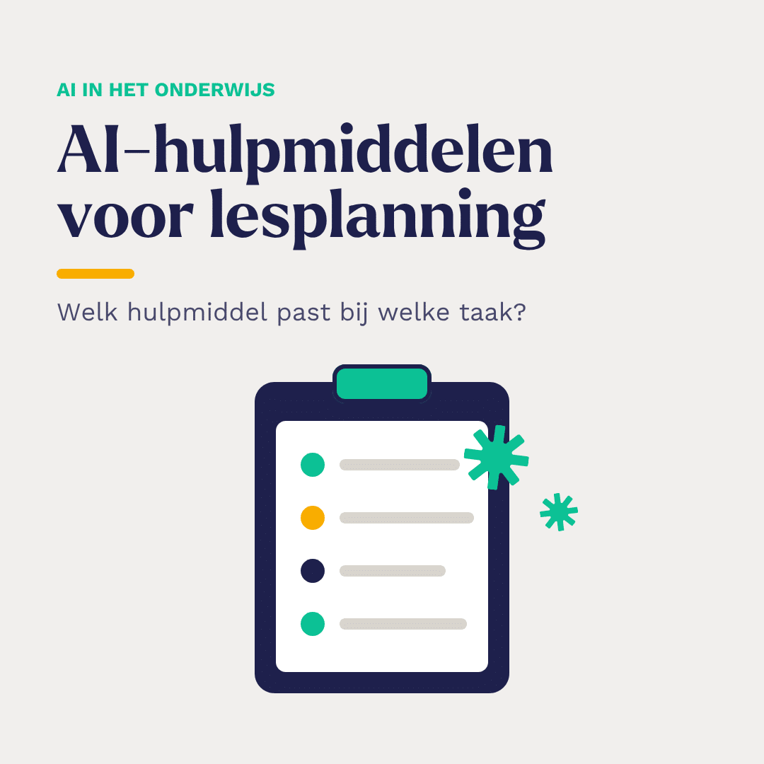 Klembord met een lesplan en een AI-sterretje, met de kop AI-hulpmiddelen voor lesplanning: welk hulpmiddel past bij welke taak?